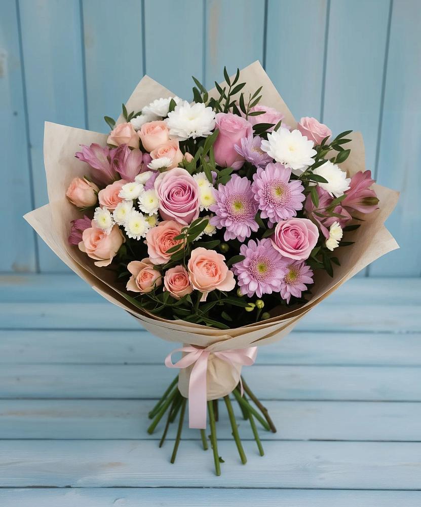 Букет цветов из: Хризантемы, Розы и Альстромерии в Холме