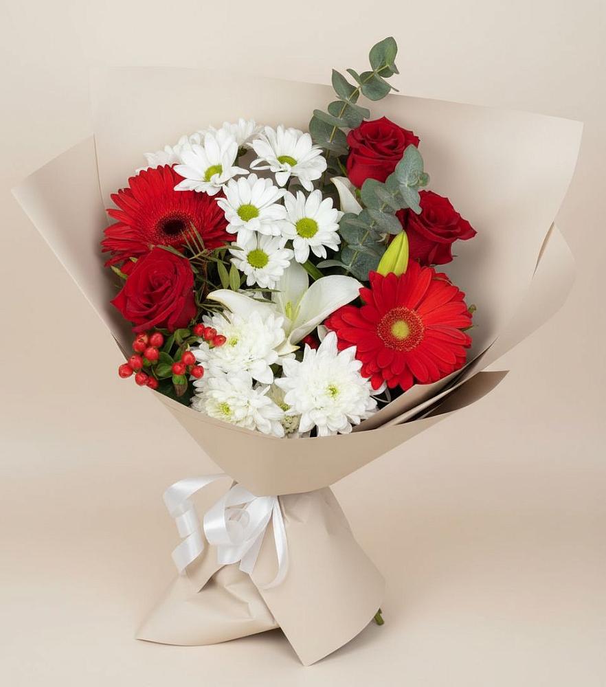 Букет цветов из: Розы, Хризантемы, Герберы и Лилии в Холме