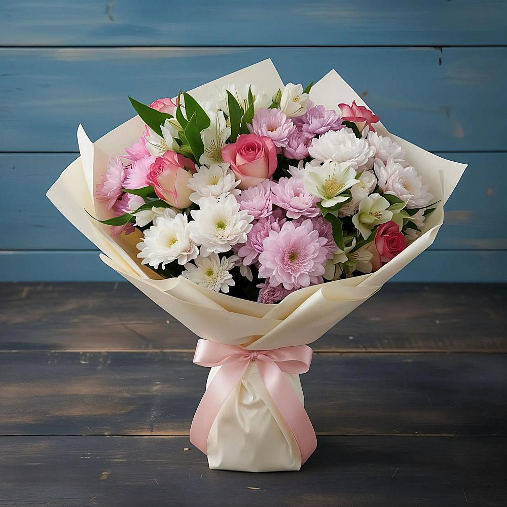 Букет цветов из: Хризантемы, Альстромерии и Розы в Холме